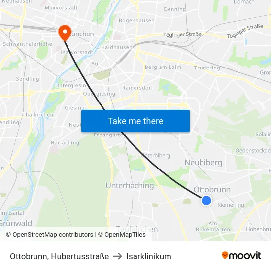 Ottobrunn, Hubertusstraße to Isarklinikum map