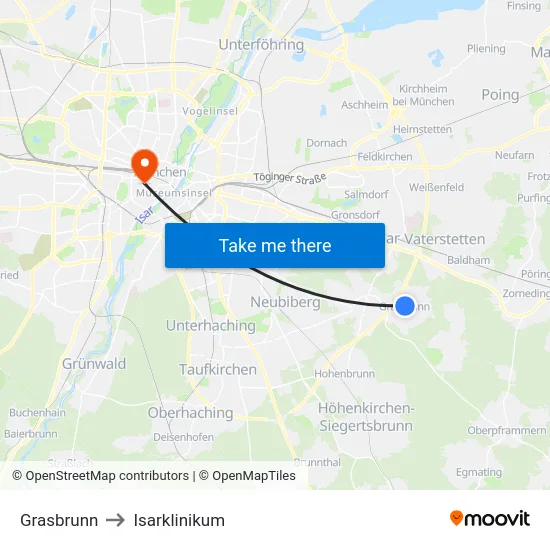 Grasbrunn to Isarklinikum map