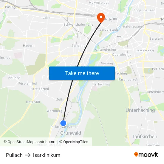 Pullach to Isarklinikum map