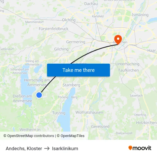 Andechs, Kloster to Isarklinikum map