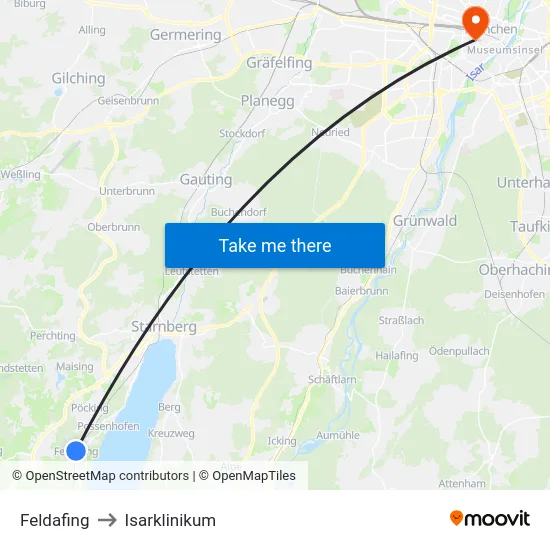 Feldafing to Isarklinikum map