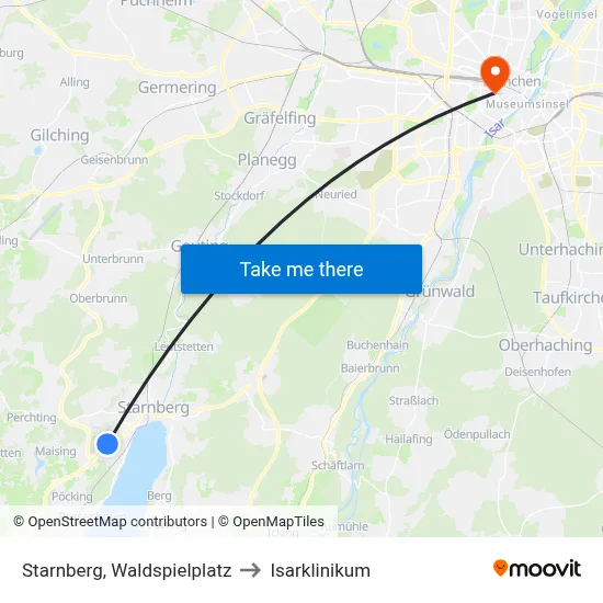 Starnberg, Waldspielplatz to Isarklinikum map