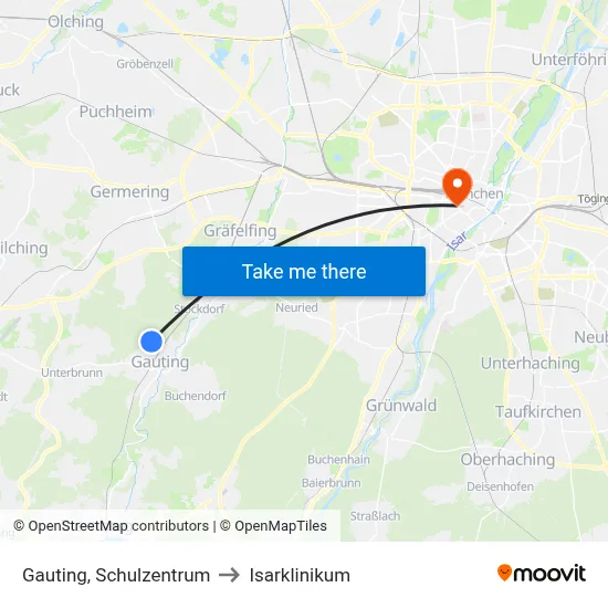 Gauting, Schulzentrum to Isarklinikum map