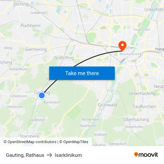 Gauting, Rathaus to Isarklinikum map