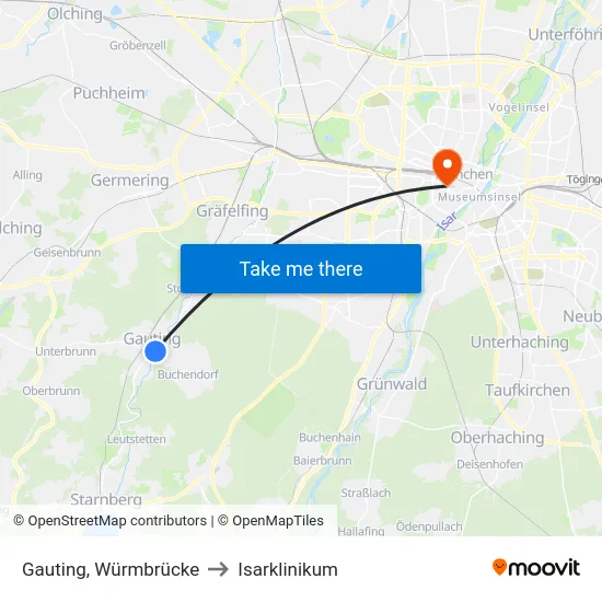 Gauting, Würmbrücke to Isarklinikum map
