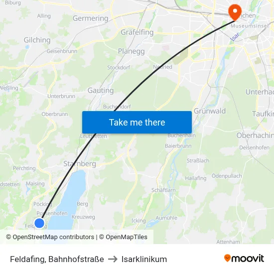 Feldafing, Bahnhofstraße to Isarklinikum map