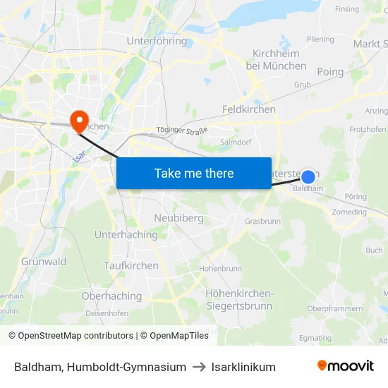Baldham, Humboldt-Gymnasium to Isarklinikum map