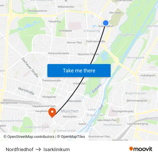 Nordfriedhof to Isarklinikum map