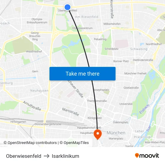 Oberwiesenfeld to Isarklinikum map