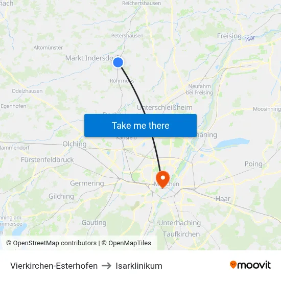 Vierkirchen-Esterhofen to Isarklinikum map