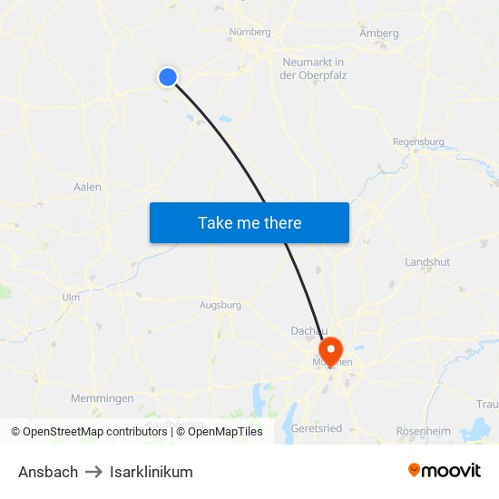 Ansbach to Isarklinikum map