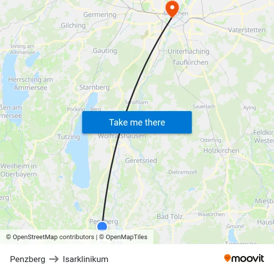 Penzberg to Isarklinikum map