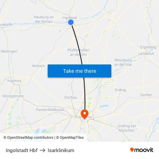 Ingolstadt Hbf to Isarklinikum map