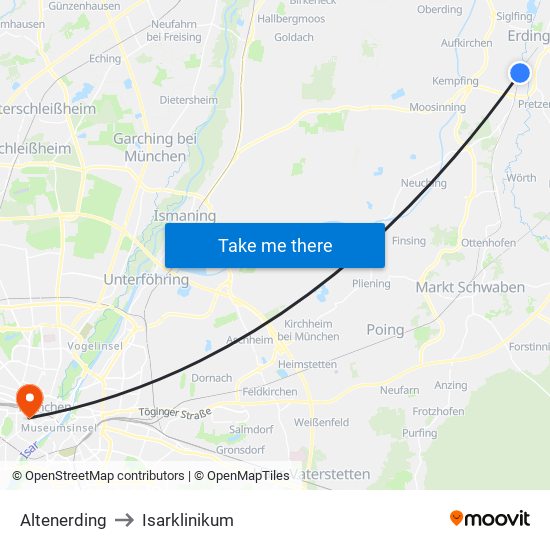 Altenerding to Isarklinikum map