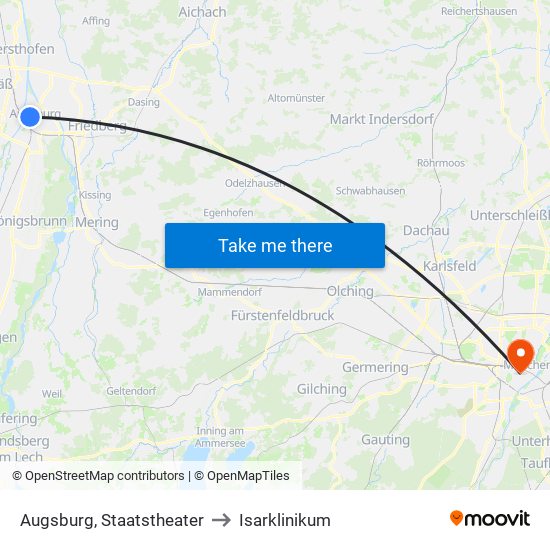 Augsburg, Staatstheater to Isarklinikum map