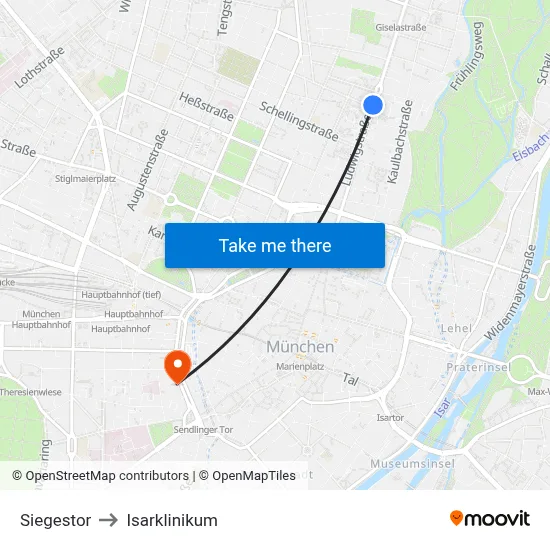 Siegestor to Isarklinikum map