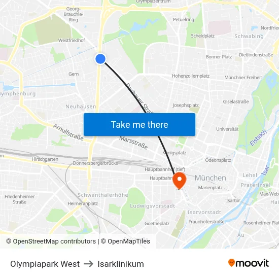 Olympiapark West to Isarklinikum map