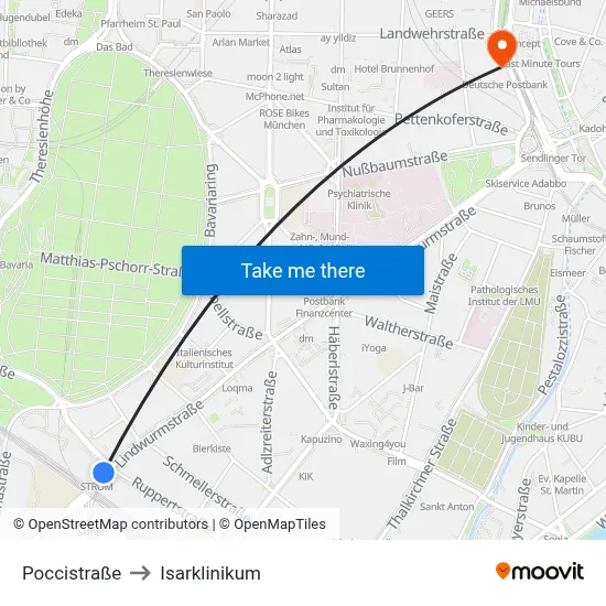 Poccistraße to Isarklinikum map