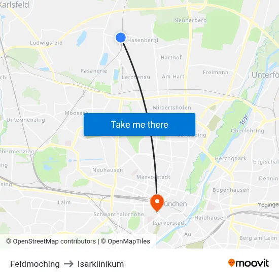 Feldmoching to Isarklinikum map