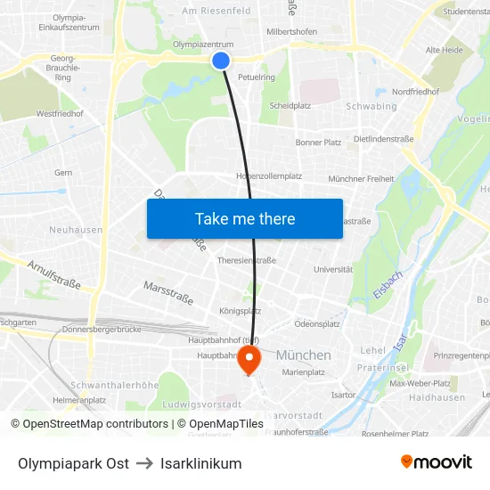 Olympiapark Ost to Isarklinikum map