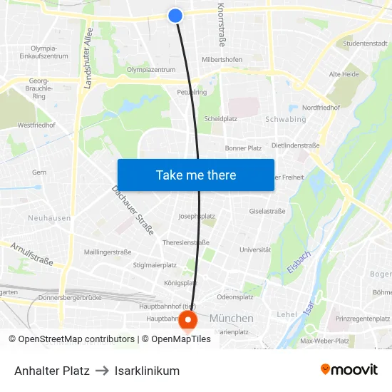 Anhalter Platz to Isarklinikum map