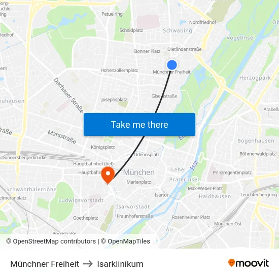 Münchner Freiheit to Isarklinikum map