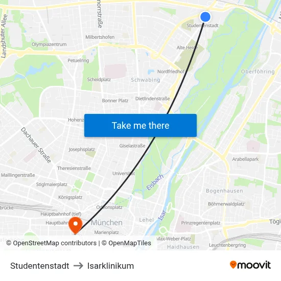 Studentenstadt to Isarklinikum map