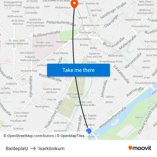 Baldeplatz to Isarklinikum map
