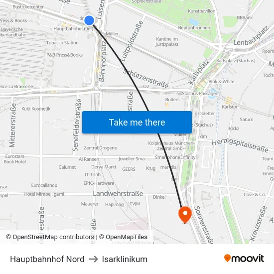 Hauptbahnhof Nord to Isarklinikum map