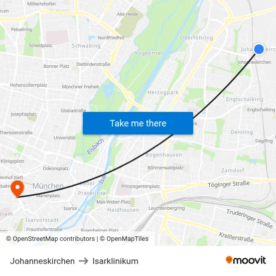 Johanneskirchen to Isarklinikum map