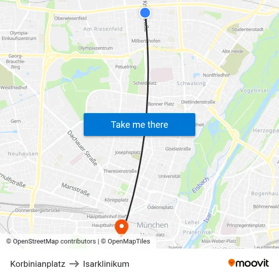 Korbinianplatz to Isarklinikum map