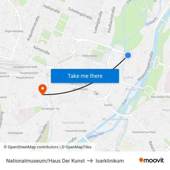 Nationalmuseum/Haus Der Kunst to Isarklinikum map