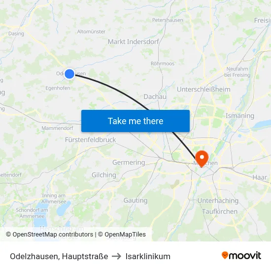Odelzhausen, Hauptstraße to Isarklinikum map