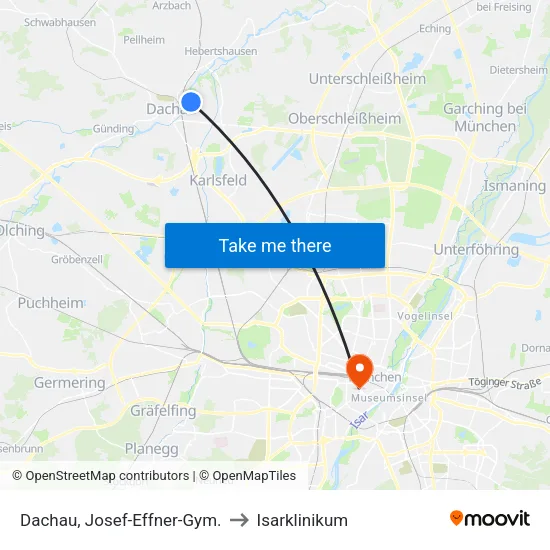 Dachau, Josef-Effner-Gym. to Isarklinikum map