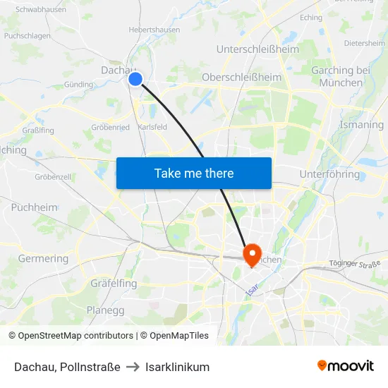 Dachau, Pollnstraße to Isarklinikum map