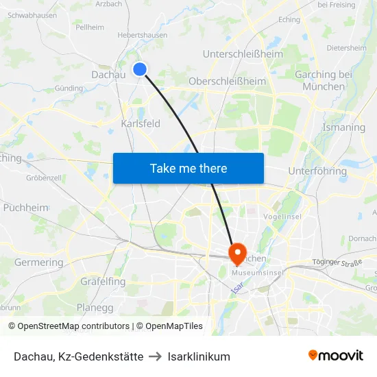 Dachau, Kz-Gedenkstätte to Isarklinikum map
