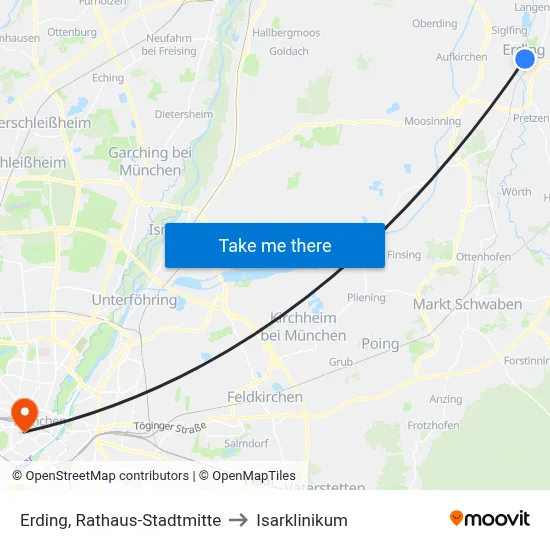 Erding, Rathaus-Stadtmitte to Isarklinikum map