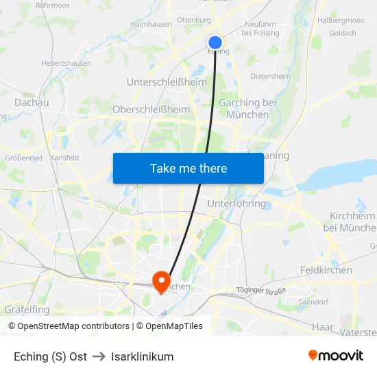 Eching (S) Ost to Isarklinikum map