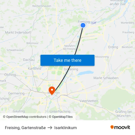 Freising, Gartenstraße to Isarklinikum map