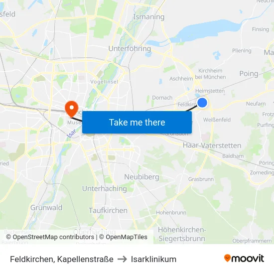 Feldkirchen, Kapellenstraße to Isarklinikum map