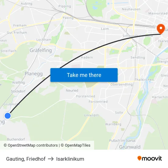 Gauting, Friedhof to Isarklinikum map