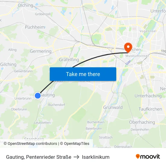 Gauting, Pentenrieder Straße to Isarklinikum map