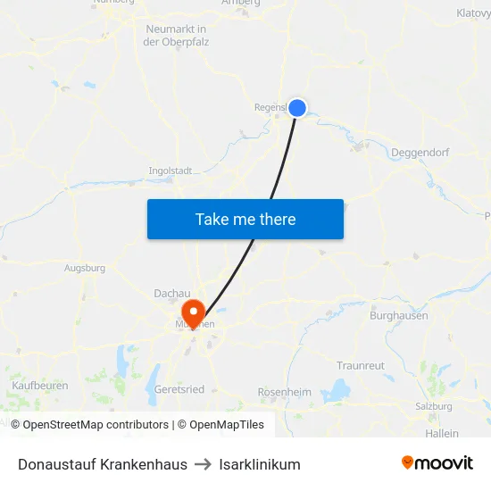 Donaustauf Krankenhaus to Isarklinikum map