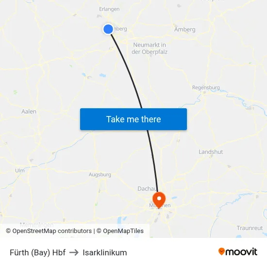Fürth (Bay) Hbf to Isarklinikum map