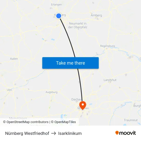 Nürnberg Westfriedhof to Isarklinikum map