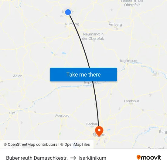 Bubenreuth Damaschkestr. to Isarklinikum map