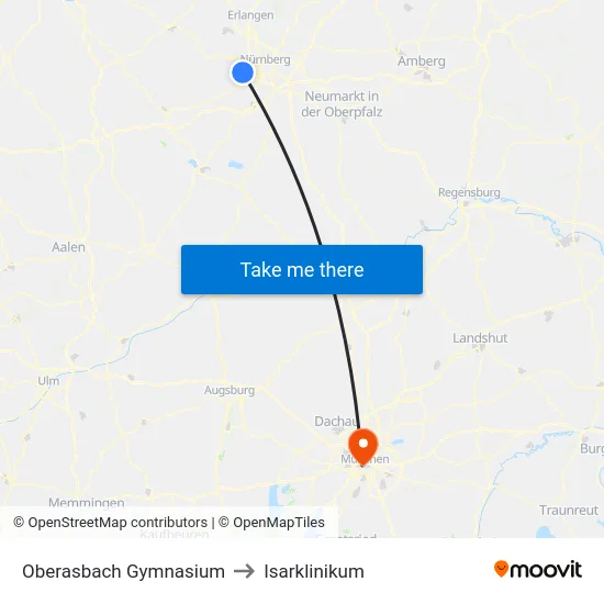 Oberasbach Gymnasium to Isarklinikum map