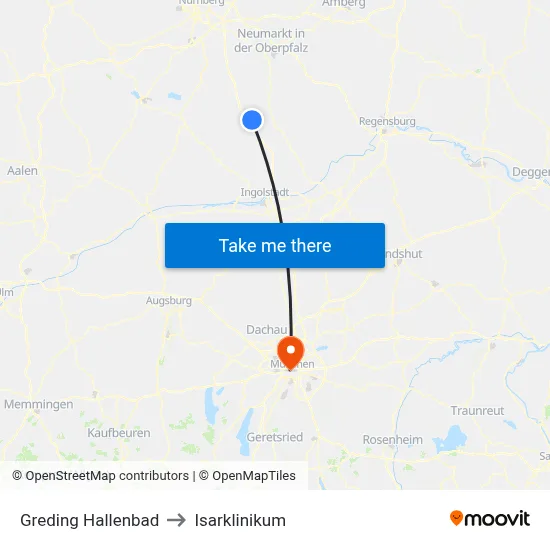 Greding Hallenbad to Isarklinikum map