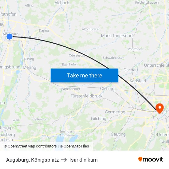 Augsburg, Königsplatz to Isarklinikum map