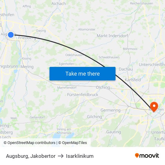 Augsburg, Jakobertor to Isarklinikum map